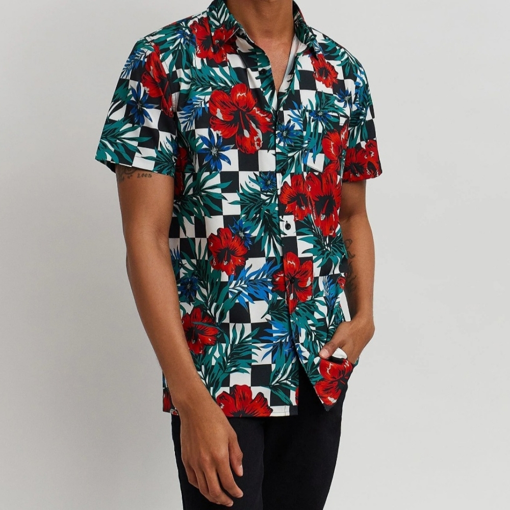Reason Brand Vibrant Floral Checkered Button Down Shirt NWT Size M BJ-2871 - Picture 3 of 6